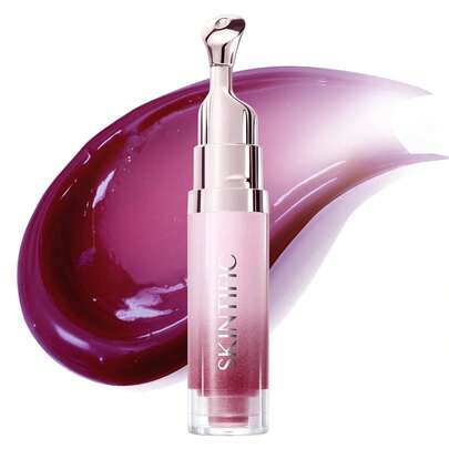 SKINTIFIC Peptide Glow Lip Serum, Moisturizing Plumping Tinted Lip Gloss, Nourishing Lip Balm With Peptides And Squalane, Creates Glossy Transparent Smooth Lips (16U Strawberry Red)