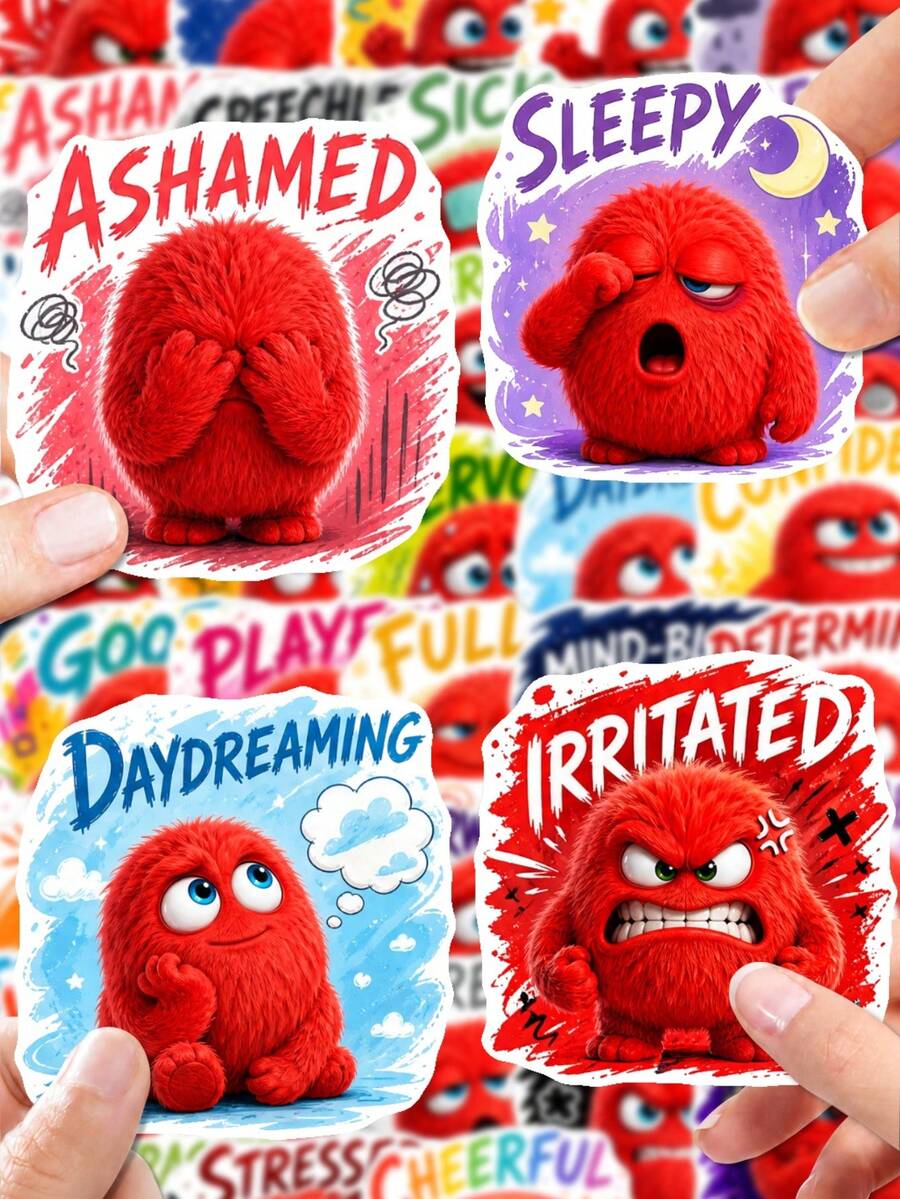 50Pcs What Mood Monster Today PP Stickers, Plush‑Textured Red Little Monster Illustrations With Various Mood English Words, For Journal Collage, Notebook, Storage Box, Luggage, Skateboard, Helmet, Computer DIY Decor - Multicolor - View 1
