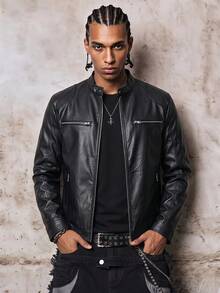 Skyrend Men's Jacket, Streetwear, Faux Leather, Zipper Relaxed Fit, Rave Motorcycle, Autumn Winter, Unisex - Black - View 1
