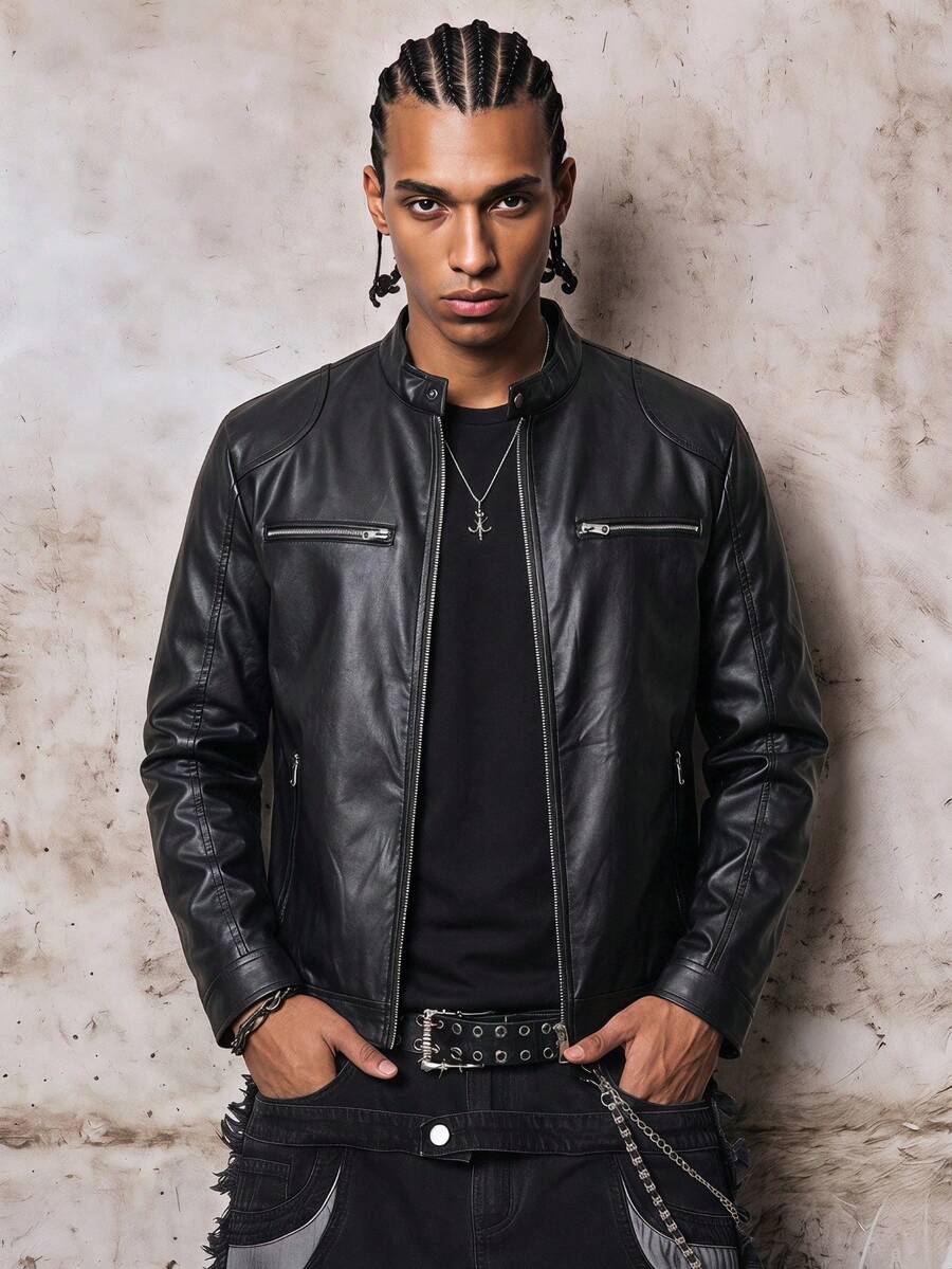 Skyrend Men's Jacket, Streetwear, Faux Leather, Zipper Relaxed Fit, Rave Motorcycle, Autumn Winter, Unisex - Black - View 1