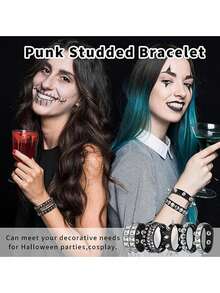 Xiacheng 1Set Punk Rock Studded Bracelet, Biker Cuff | Black Leather, Adjustable Leather Cuff,Y2K Gothic Punk Rock, Wrap Bangle, Snap Button For Halloween - Multicolor - View 7