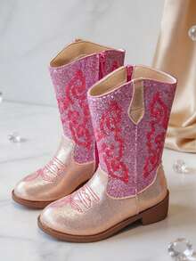 1 Pair Pink Fashion Classic Pointed Toe Western Boots, Soft PU Glossy Exquisite Embroidered Pattern Girls Cowboy Boots, Inner Zipper Low Chunky Heel Design, Suitable For Mid-To-Large Girls Daily School, Outings, Versatile, Autumn/Winter New - Hot Pink - View 4