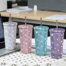 1pc Rhinestone Stainless Steel Insulated Water Bottle - Leak-Proof Portable Travel Cup With Lid, Flat Bottom Straw Cup, Suitable For Outdoor Sports, Fitness, Home, Kitchen, Office, Back To School Students, Christmas Gift For Mom, Girlfriend, Family - Multicolor - View 9