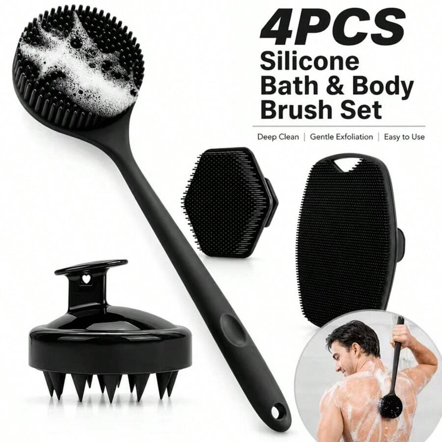 4‑Piece Shower Brush Set, For Back, Face, Body And Scalp Massage. Gentle Exfoliating Long‑Handle Body Brush With Soft Bristles, Effectively Cleans Skin And Removes Dead Skin. Non‑Slip Grip For Deep Cleansing, Shower Brush Set - View 1