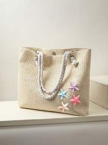 Vacation Style Relaxed Fashion Woven Tote Bag, Starfish Hanging Decoration Design, Large Capacity Simple And Atmospheric Texture Shoulder Bag. - Beige - View 2