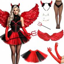 1/3/5/6/8件組女性紅色惡魔萬聖節服裝套裝，包含髮箍、手套、裙子、臉部貼紙，適合派對 Cosplay - 紅色 - 查看 2