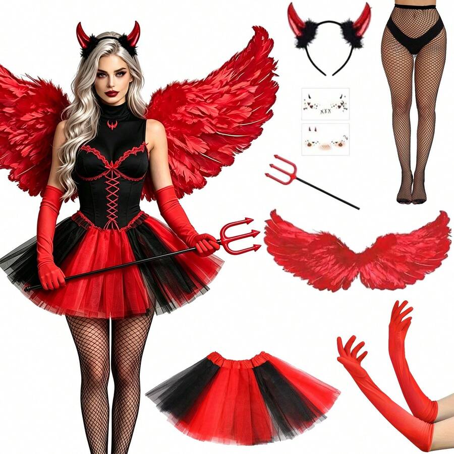 1/3/5/6/8件組女性紅色惡魔萬聖節服裝套裝，包含髮箍、手套、裙子、臉部貼紙，適合派對 Cosplay