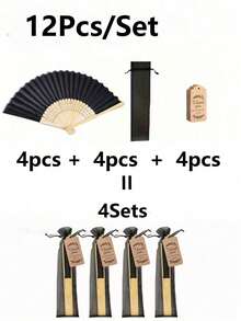 3-60pcs Black Bamboo Folding Hand Fan Set With Organza Gift Bags And Thank You Tags, Wedding Guest Hand Fans, Wedding Guest Favors, Gothic Wedding Favors, Halloween Party Favors, Bridal Shower Gifts, Autumn Wedding And Masquerade Party Decor - Black - View 7