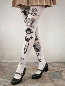 1 Pair Plus Size Cat Print High Elasticity Tights, Sexy Fashion Cute Y2K Style, Suitable For Daily Wear, Dating, Spring/Autumn Parties - Multicolor - View 4