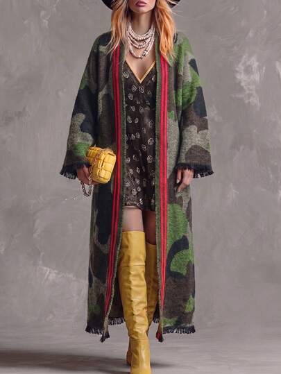 Magic Mia Women's Knit Cardigan, Long Fringe Open Front With Red Stripe Trim, Camouflage Outerwear For Casual Fall Streetwear Outfit