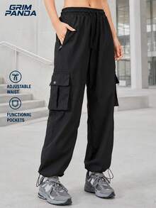 GRIM PANDA Women Fall Cargo Pants Adjustable Drawstring Waist Functional Pockets Adjustable Cuffs Wide Leg Casual Hiking Travel Outdoor Sports Black - Black - View 6