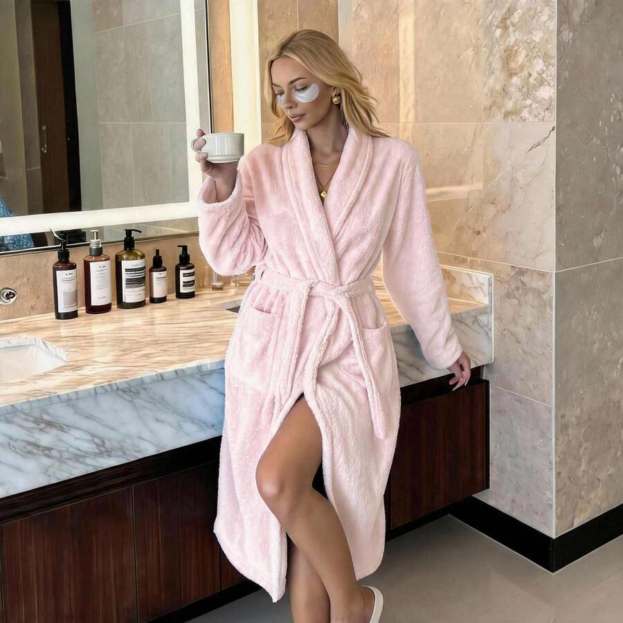 Bathrobe Soft Touch Contain Cotton Bathrobe For Women & Men - Made In Turkey, Lightweight, Absorbent, Comfortable Bath Robe - Baby Pink - View 1