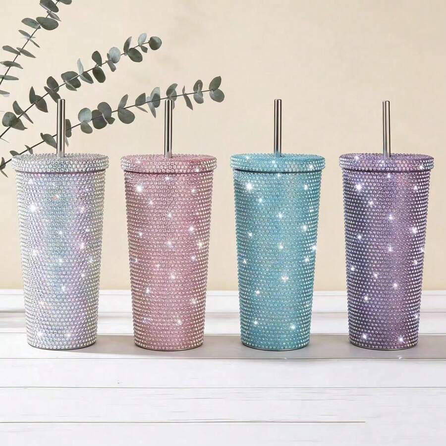 1pc Rhinestone Stainless Steel Insulated Water Bottle - Leak-Proof Portable Travel Cup With Lid, Flat Bottom Straw Cup, Suitable For Outdoor Sports, Fitness, Home, Kitchen, Office, Back To School Students, Christmas Gift For Mom, Girlfriend, Family - Multicolor - View 1