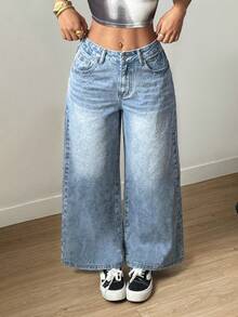 Women's Plus Size Bermuda Shorts, Light Blue Washed High Waist Wide Leg Denim Pants, Elastic Back Waist Single Button Loose Casual Summer Denim Pants - Light Wash - View 4