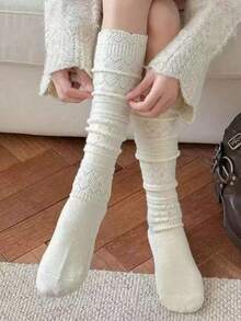1 Pair Hollow Layered Leg Warmers, Knitted Mid-Calf Socks, Sweet Versatile White, Suitable For Autumn/Winter - Multicolor - View 2