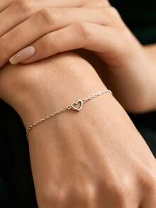 SYMFNY 1pc 925 Sterling Silver Minimalist Hollow Heart Double Layer Bracelet - Silver - View 2