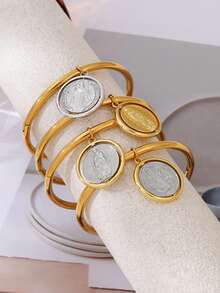 1pc Elegant Luxury Style Gold Titanium Steel Geometric Rotating Double-Sided Portrait Round Colorblock Pendant Titanium Steel Clasp Women's Bracelet, Suitable For Banquet, Party, Daily Wear, Gift, Fashionable Gorgeous Women's Jewelry, Geometric Jewelry, Portrait Jewelry. Wedding Season, Holiday Season Gift - Yellow Gold - View 3