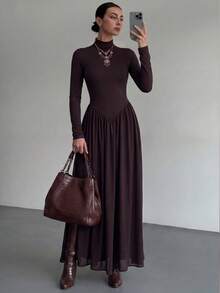 Women's Solid Color Knit Long Sleeve Patchwork Chiffon A-Line Sexy Elegant Vacation Autumn/Winter Dress - Brown - View 2