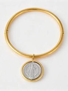 1pc Elegant Luxury Style Gold Titanium Steel Geometric Rotating Double-Sided Portrait Round Colorblock Pendant Titanium Steel Clasp Women's Bracelet, Suitable For Banquet, Party, Daily Wear, Gift, Fashionable Gorgeous Women's Jewelry, Geometric Jewelry, Portrait Jewelry. Wedding Season, Holiday Season Gift - Yellow Gold - View 9