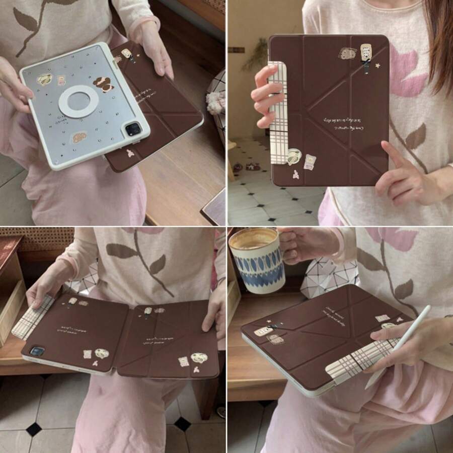 Ins風極簡棕色小狗頭圖案平板保護殼，3合1可拆卸磁吸殼，適用Apple Pro 2025新機、10代/7代/8代/9代、Air 7/6/8/Pro 12.9，附筆槽，防震耐用，11代(A16)、Pro 13/Mini 7/6及其他機型，720°自由旋轉橫向/縱向支架，11吋女孩平板保護套，適合工作、旅行與日常使用