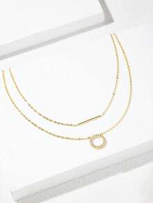 SYMFNY 1pc 925 Sterling Silver Gold Round Open Cubic Zirconia Layered Bar Necklace - Yellow Gold - View 3