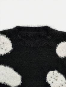 Women's Round Neck Color-Block Cloud Jacquard Drop Shoulder Long Sleeve Loose Knit Pullover With Rhinestone, Soft Plush, Autumn Winter Daily Fashion - Black - View 7