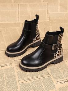 Fashion Leopard Print Patchwork Slip-On Buckle Women's Ankle Boots, Autumn/Winter New Slip-On Classic American Style Boots - Black - View 1