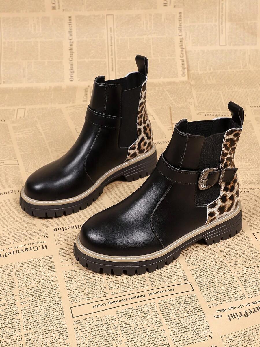 Fashion Leopard Print Patchwork Slip-On Buckle Women's Ankle Boots, Autumn/Winter New Slip-On Classic American Style Boots - Black - View 1