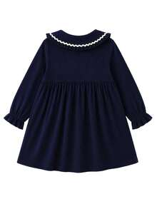 Young Girls Long Sleeve Ruffle Cuff Dress, Wavy Lace Peter Pan Collar Button Placket With Side Pockets Dress - Navy Blue - View 2