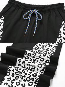 Women's Leopard Print Patchwork Wide Leg Pants, Drawstring Elastic Waist, High Waist Loose Casual Street Style Long Pants Sweatpants - Black and White - View 5