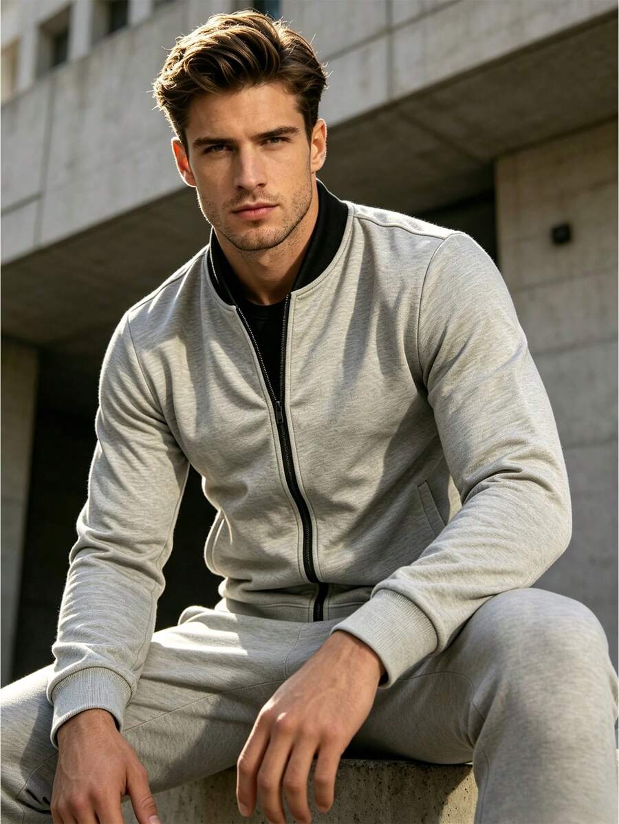 Minimalist Knit Baseball Jacket, Breathable Full Zip Sports Cardigan For Fitness And Running, Spring/Autumn - Black - View 1