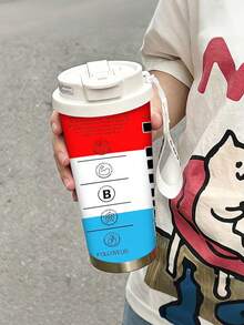 1pc/5pcs 500ml Fun Nutrition Label Theme Insulated Coffee Mug With Handle And Lid, Red White Blue Color Block Graphic Print With Vitamin Text Icons, Stainless Steel Reusable Cup, Suitable For Commute, Outdoor, Gift - Red and Blue - View 6