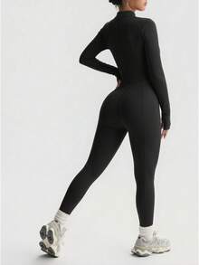 Women's Long Sleeve Zipper Fitted Jumpsuit, High Elastic Design, Slimming And Flattering, Comfortable And Skin-Friendly, Suitable For Daily Wear And Sports - Black - View 4