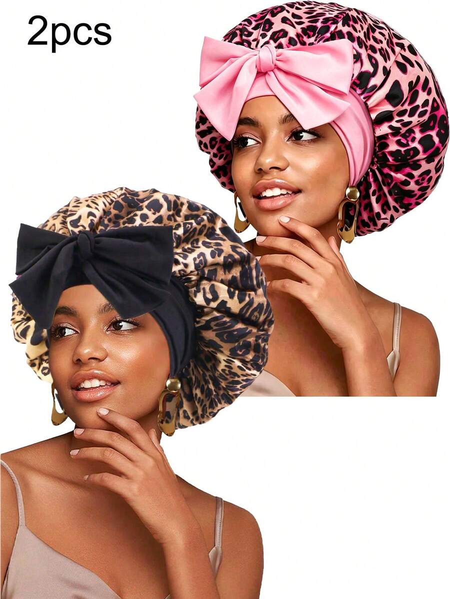 CONFLASS Women's Leopard Print Elastic Satin Round Cap, Faux Silk Sleep Cap, Makeup Cap, Hair Cap, Polyester Fiber Cap, Suitable For Daily Use - Leopard Print - View 1