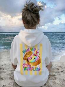 Girls Glitter Dumpling Cartoon Back Print Crew Neck Sweatshirt, Casual Loose Pullover - White - View 7