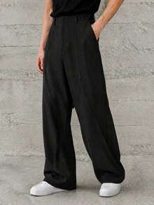 HEYKESON Men's 3D Panel Wide Leg Suit Pants, Drapey Business Casual Loose Fit Long Trousers - Black - View 1