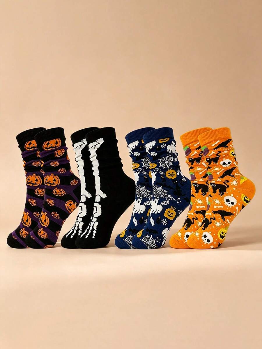 4 Pairs Halloween Themed Mid-Calf Socks, Pumpkin, Skeleton, Ghost, Skull, Black Cat Student Socks, Casual Mid-Calf Socks, Unisex For Party And Daily Wear - Black - View 1