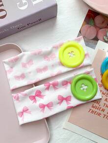 1pc Y2K Colorful Large Button Fabric Headband, Pink Plaid Bow Heart Print Wide Elastic Headscarf, Versatile Niche Hair Accessory For Girls - Multicolor - View 7