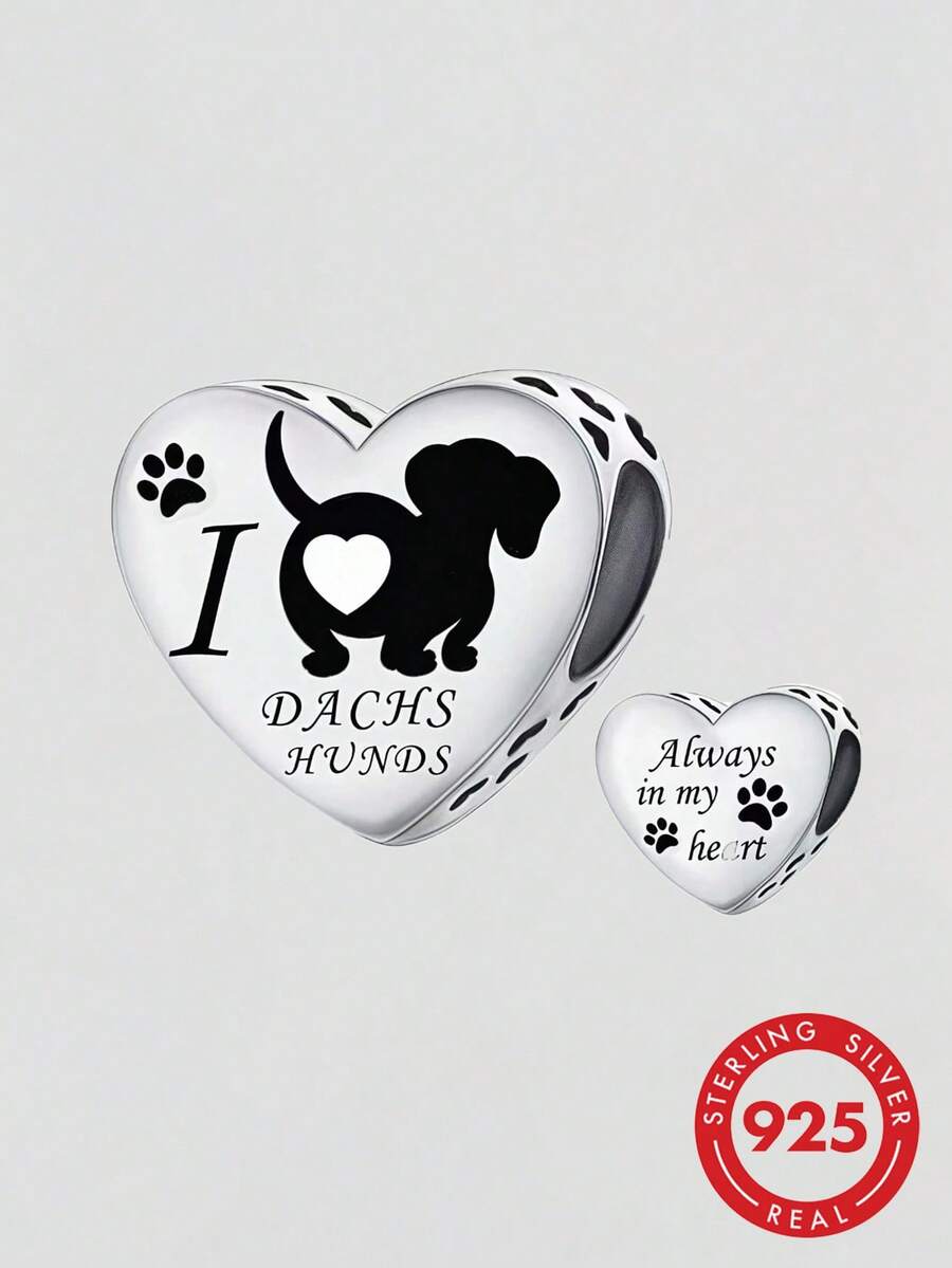 1個 S925 純銀心形臘腸狗珠飾,黑色琺瑯小狗爪印刻字「I Love Dachshunds」寵物主題 DIY 手鍊穿孔銀珠 - 銀色 - 查看 1