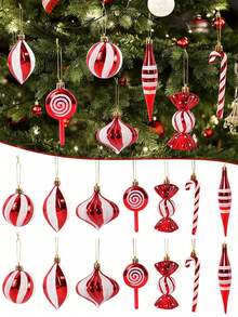 14pcs Festive Christmas Candy Cane Balls Ornament Set - Red & White Striped And Polka Dot Plastic Hanging Pendant For Holiday Tree, Window, Home & Office Decor, Candy Theme Christmas Gift Decorations - Multicolor - View 1