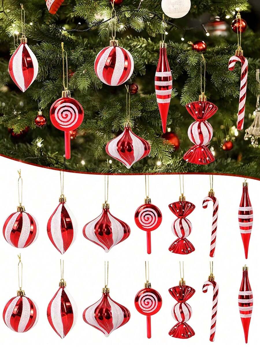 14pcs Festive Christmas Candy Cane Balls Ornament Set - Red & White Striped And Polka Dot Plastic Hanging Pendant For Holiday Tree, Window, Home & Office Decor, Candy Theme Christmas Gift Decorations - Multicolor - View 1