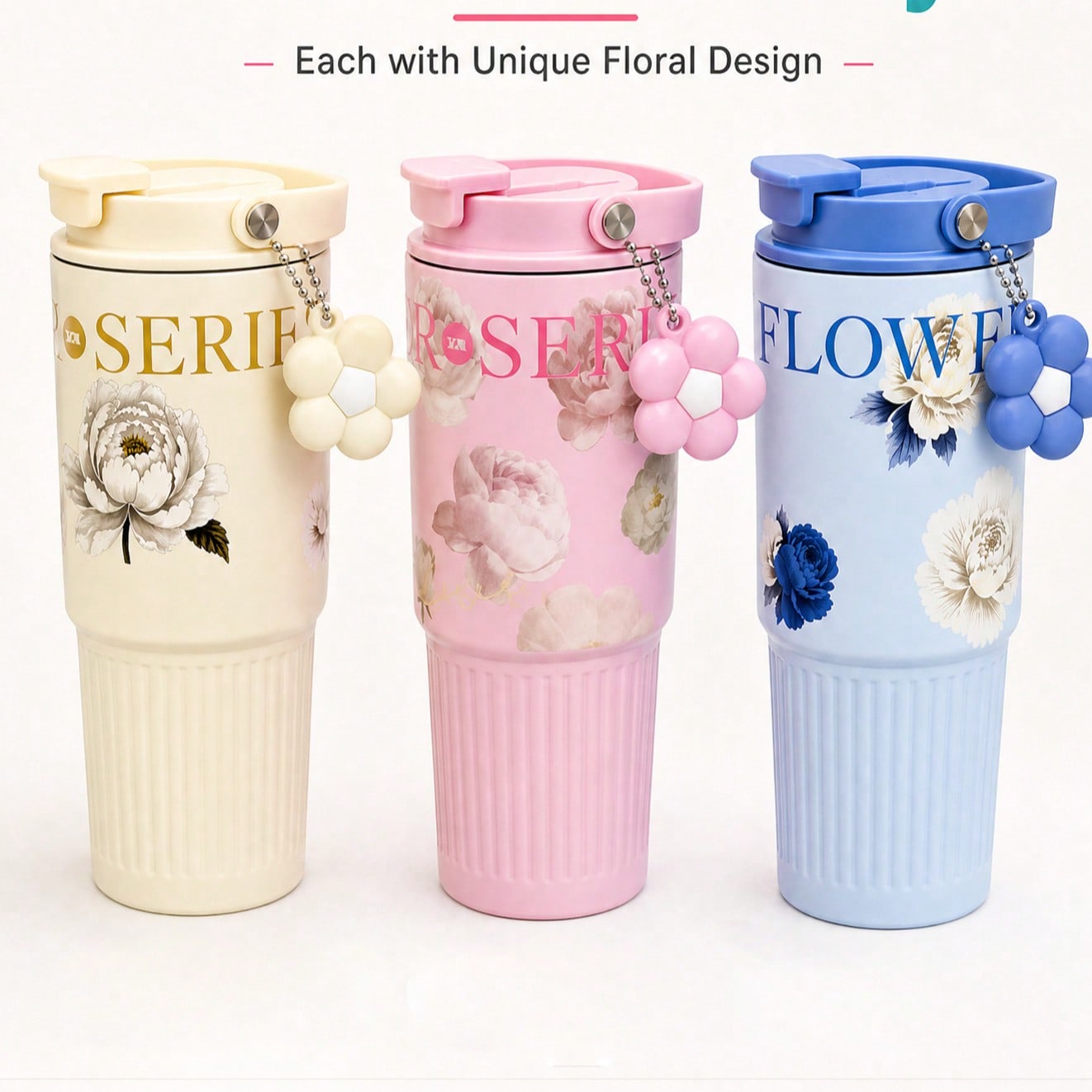 900ml Cute Flower Pendant Portable Insulated Water Bottle, With Handle, 304 Stainless Steel Flip Lid Leak-Proof Travel Mug, Double-Wall Vacuum Insulated Travel Cup, Suitable For Outdoor Sports, School, Picnic And Daily Drinking