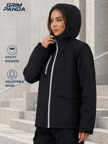 GRIM PANDA GRIMPANDA Women's Hooded Outdoor Jacket, Adjustable Drawstring Hood, Multi-Pocket Zipper Detail, Loose Fit Sports Black - Black - View 3
