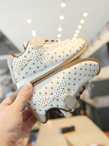 Girls' Polka Dot Lace-Trim Athletic Sneakers, Soft Sole Casual Training Shoes - Brown - View 3