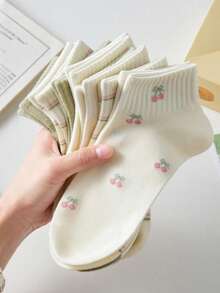 5 Pasang Kaos Kaki Wanita Motif Garis-Garis Ceri Acak, Kaos Kaki Pendek Motif Buah Segar, Kaos Kaki Pendek yang Lucu dan Manis - MultiWarna - View 2