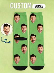 1 Pair Customizable Neutral Face Socks, Add Your Own Photo Design Exclusive Socks, Couple Style, Suitable For Family - Green - View 2
