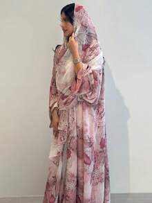 Fashion Chiffon Printed Long Outerwear Jacket (Includes Headscarf) - Pink - View 5