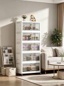 Foldable Storage Cabinet With Wheels, Vertical Transparent Door Stackable Organizer Unit, Multi-Layer Plastic Storage Drawers, Suitable For Closet Living Room Bathroom, Multi-Functional Home Sundries Storage Rack - View 5