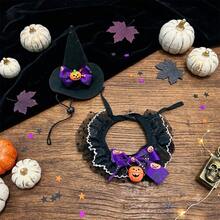 1set-Pet Halloween Witch Hat & Lace Collar Set, Adjustable Comfort Fit, Pumpkin Bell Design, For Halloween Party, Trick-Or-Treat & Cute Photos, Cat Dog Costume Accessory. - Multicolor - View 8