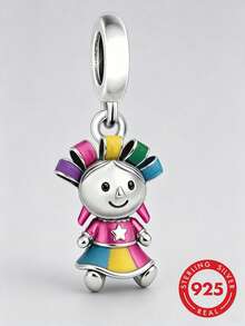 1pc S925 Sterling Silver Colorful Doll Pendant Bead, Resin Childlike Style Little Girl DIY Bracelet Charm - Silver - View 1